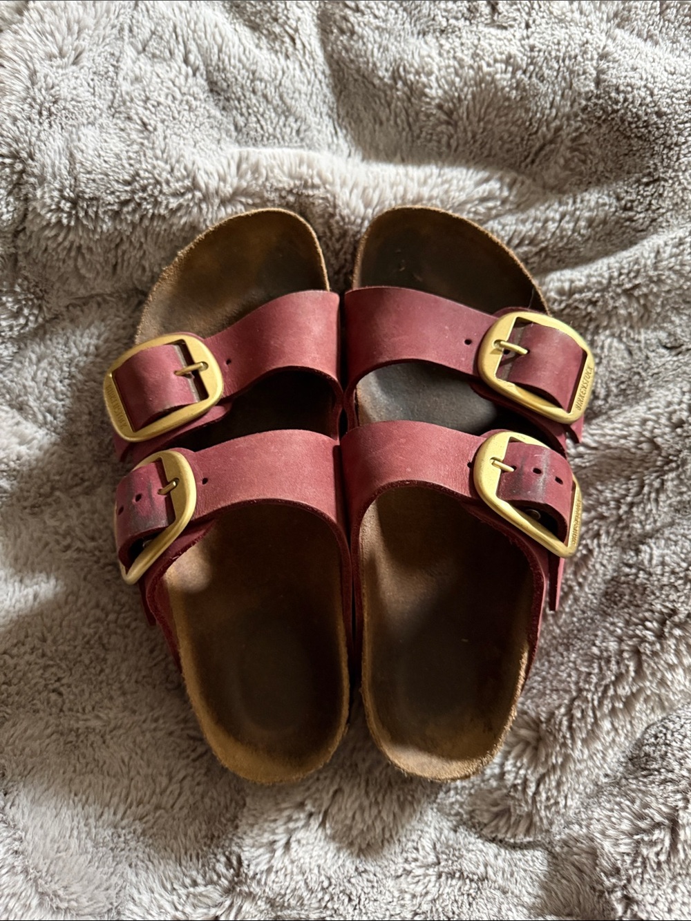 Birkenstock Big Buckle Sandals in Deep Red with Gold Buckles